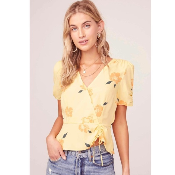 Astr Tops - ASTR the Label Yellow Floral Cinch Sleeve Wrap Top